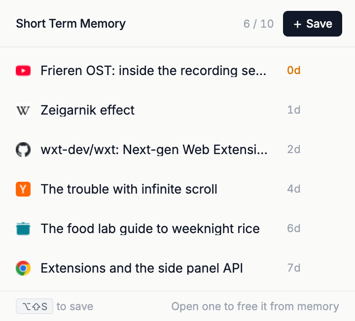 The Short Term Memory popup holding six pages, each with how many days it has left. The top one, due today, is marked in amber.